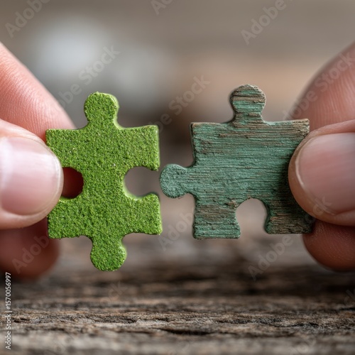 Two puzzle pieces are held together by a person's hand. The puzzle pieces are green and brown, and they seem to be made of wood. Concept of connection and unity