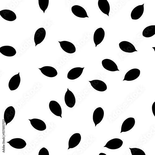 Black seeds pattern scattered on clean white background. Seamless seeds pattern displays tiny fruit kernels, ideal for decorating fabric and paper.
