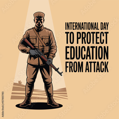 Vector Illustration for International Day to Protect Education from Attack Featuring a Soldier with Rifle, Symbolizing the Need for Safeguarding Learning Environments.