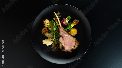 Gourmet dish of herb-crusted lamb chops plated with colorful vegetables on a matte black plate over a dark background.