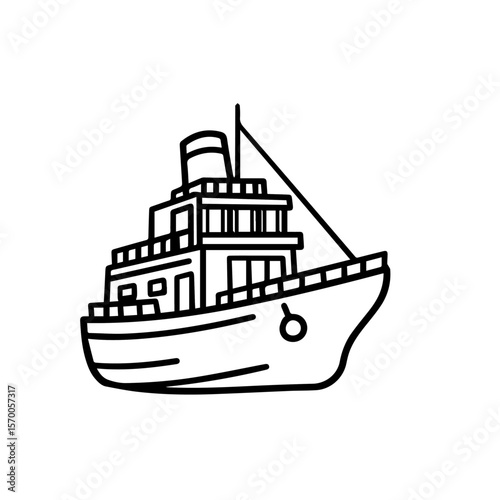 Steamboat drawing in black lines, a simple maritime illustration on plain white backdrop. Steamboat outlines illustrate clean, uncluttered style of vessel with smokestack and rigging.