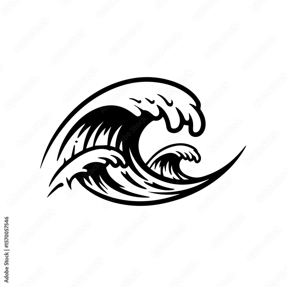Naklejka premium Simple graphic of ocean waves. Ocean waves illustration on blank background creates dynamic motion with curling crests and sharp lines.