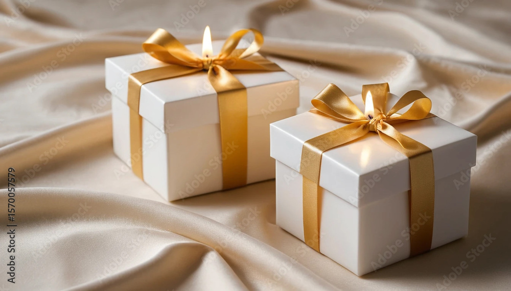 Fototapeta premium Gift box candles with golden glow