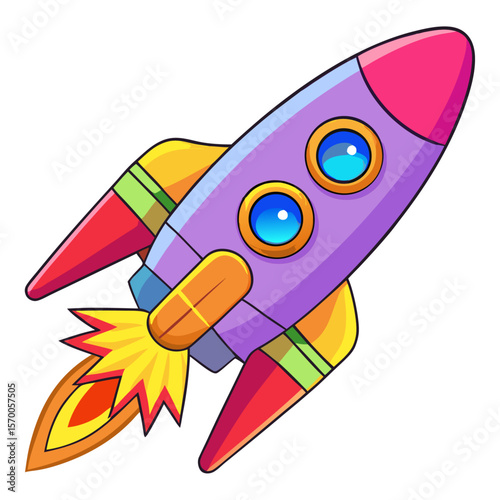 Cartoon rocket ship with colorful fins and fiery exhaust spaceship space