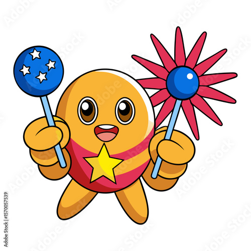 Cheerful cartoon character holding star lollipop and pinwheel cute orange