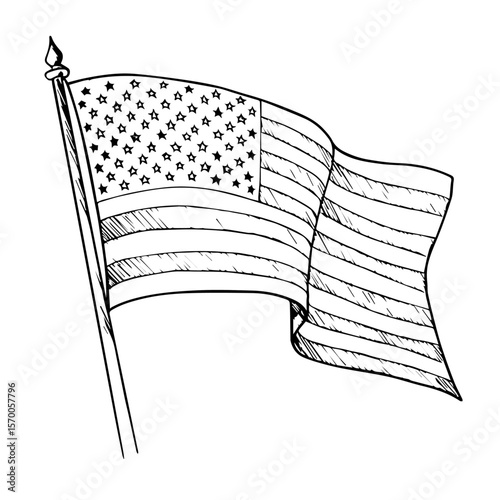 American flag sketch features waving symbol of country on pole. American flag sketch in simple black and white drawing depicts patriotism, unity and national pride.