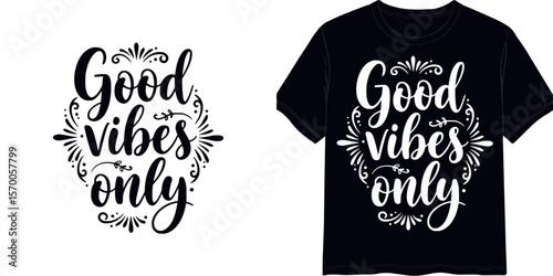 "Good vibes only" calligraphic style text, t-shirt print, isolated vector image, two design variants - on transparent background and on blue t-shirt
