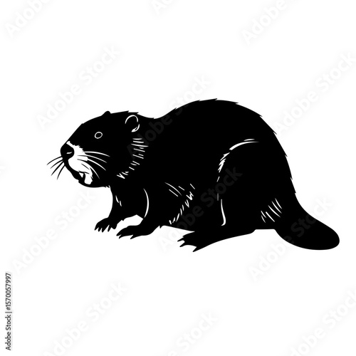 Illustration of a North American beaver, Castor canadensis, presented as cutout. The beaver illustration shows its characteristic features, teeth and fur, its body shape.