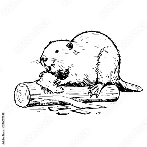 Detailed beaver illustration eating wood, creating dynamic image. Beaver drawing showing animal chewing tree bark with precise hatching.