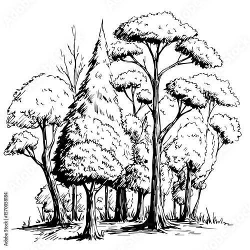 Trees illustration shows diverse tree groupings in forest. Different trees illustration showcases both deciduous and evergreen species, creating shaded depth.