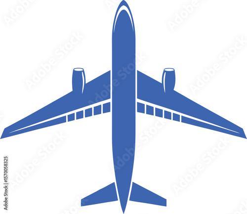 Blue airplane viewed from above with white background and simplified design aircraft