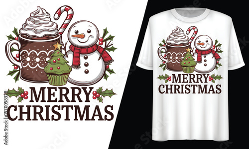 Merry Christmas Snowman, Hot Cocoa, Cupcake, T-Shirt Design.