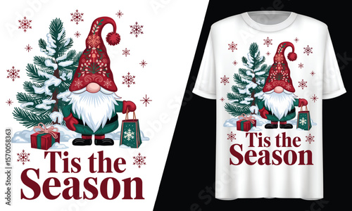 Tis the Season, Gnome Christmas Tree, T-Shirt Design.