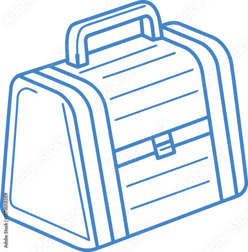 Blue outline of a closed briefcase with a handle and latch luggage travel