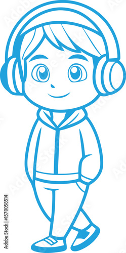 Cartoon boy wearing headphones and a hoodie walking with one hand in pocket character