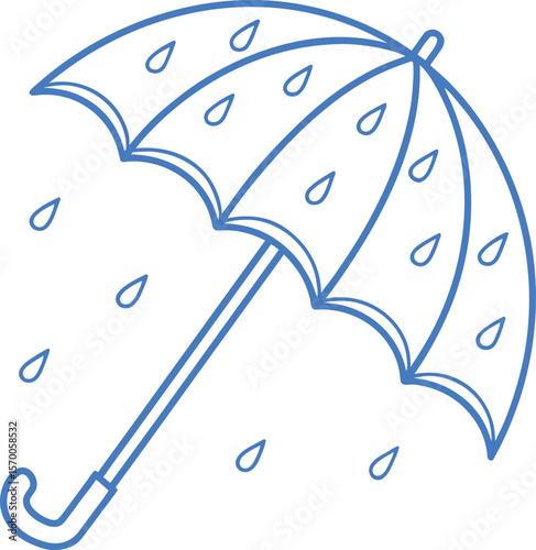 Blue outline umbrella with falling raindrops on white background water