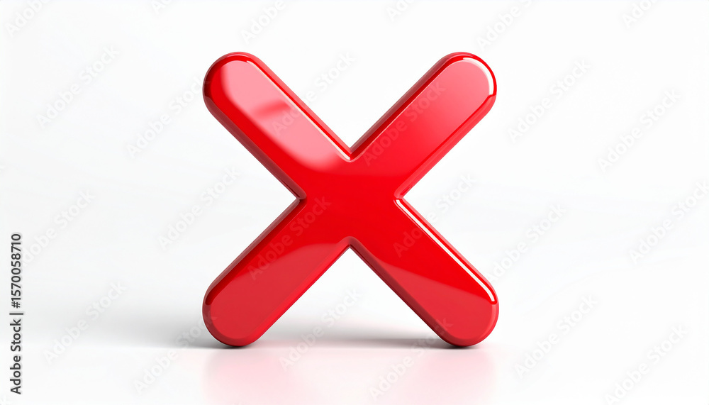 Obraz premium Shiny red cross mark isolated on white backdrop. Disapproval, error, mistake or cancellation concept