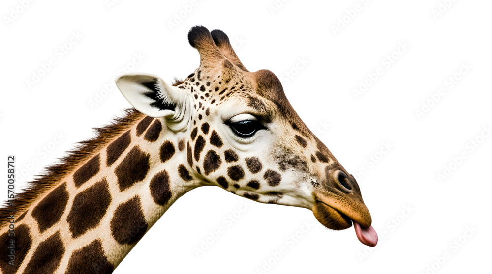 Obraz premium Magnificent Giraffe Portrait A Stunning Close-Up of an African Giraffe's Head and Neck, showcasing its unique pattern and expressive eyes against a clean white background.
