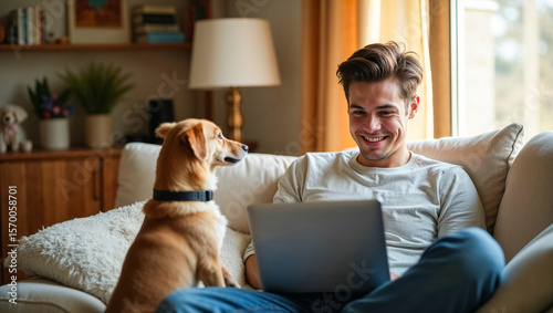 A man is sitting on a couch with a dog next to him