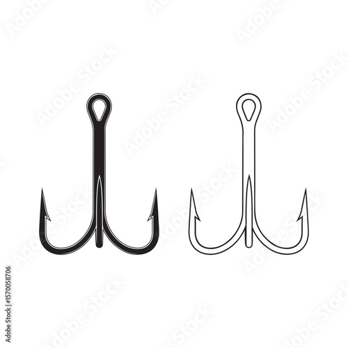 Two fishing hooks one black silhouette and one outline isolated on white background Art & Illustration
