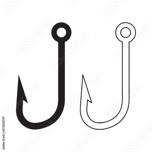 Two fishing hooks one solid black and one outline silhouette isolated on white background Art & Illustration