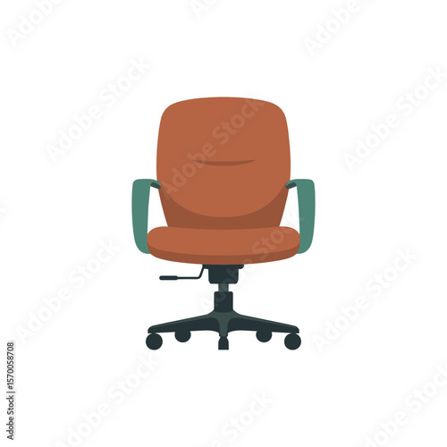 Office Chair Icon: A stylish office chair icon in flat design, presenting comfort and professional with smooth rolling wheels and curved armrests