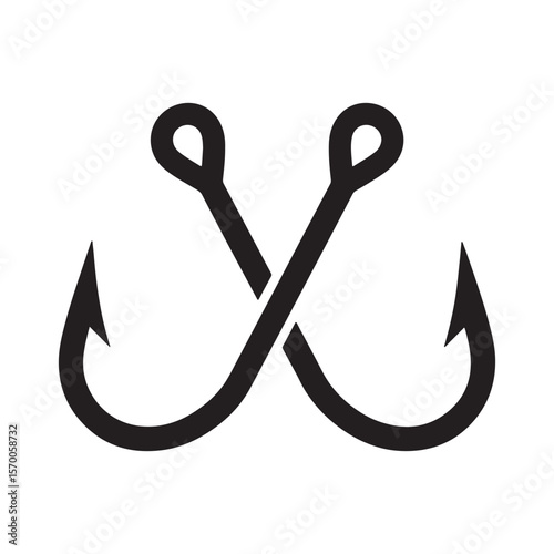Two crossed fishing hooks in a black silhouette isolated on white background Art & Illustration