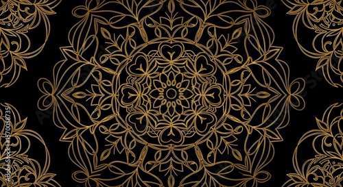 An elegant and intricate gold floral and geometric pattern on a black background, featuring symmetrical, detailed motifs in a luxurious and ornate minimalist style.