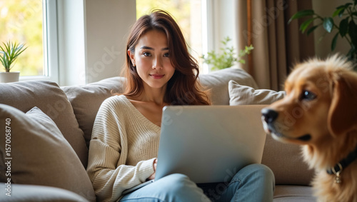 A woman is sitting on a couch with a laptop in front of her
