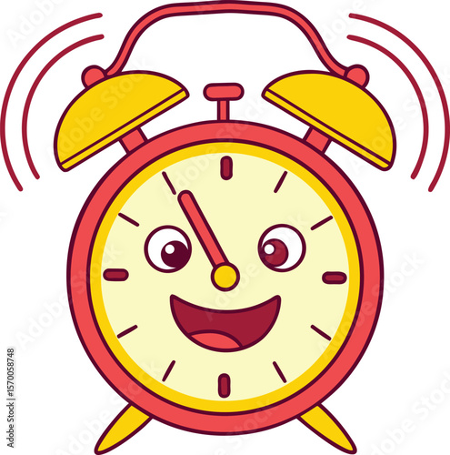 Cheerful cartoon alarm clock ringing with happy face and yellow bells time sound