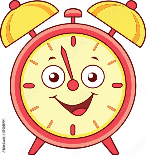 Cheerful cartoon alarm clock with smiling face and yellow bells time morning