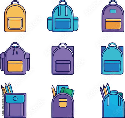 Collection of colorful cartoon backpacks and pencil cases with school supplies school bag