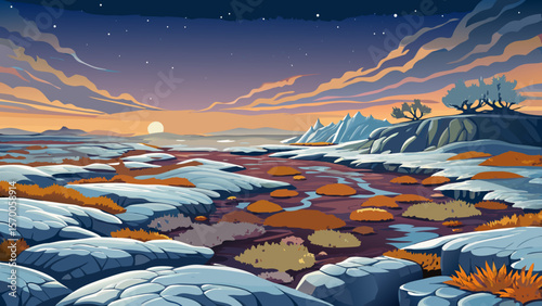 Labrador Tundra, Newfoundland – Barren landscapes carpeted with lichens stretch beneath a vast northern sky in quiet winter solitude.