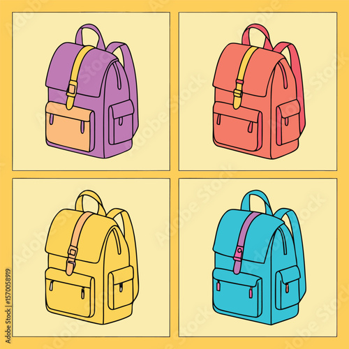 Four colorful backpacks in a grid layout on a yellow background school bag rucksack