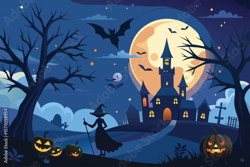 Spooky Halloween night vector illustration with a haunted house, scary trees, and a full moon illuminating pumpkin and bat silhouettes for an autumn holiday celebration