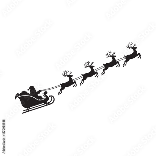 Santa claus in sleigh pulled by reindeer silhouette isolated on white background Art & Illustration