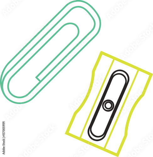 Green paperclip and black pencil sharpener with yellow outline on white background