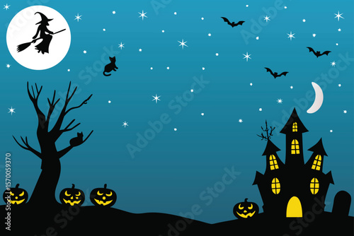 Spooky Halloween night vector illustration with a haunted house, scary trees, and a full moon illuminating pumpkin and bat silhouettes for an autumn holiday celebration