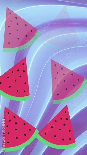Animation of watermelon over shapes on blue background