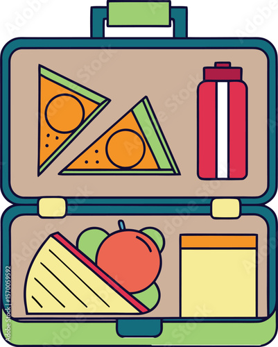 Open lunchbox with sandwich pizza slices and water bottle food