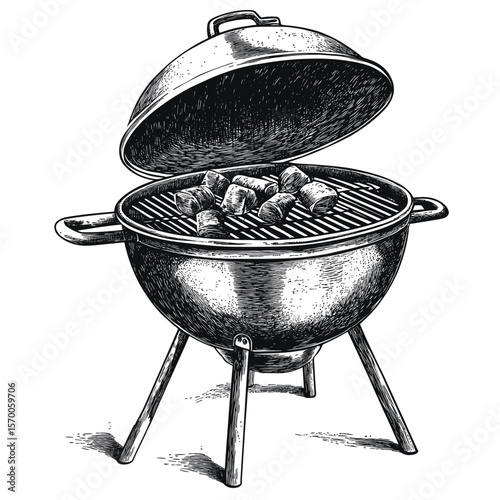 Classic Outdoor Grill Setup in Black and White Illustration