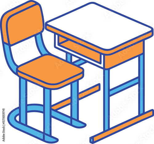 Orange and blue school desk and chair isometric illustration furniture classroom