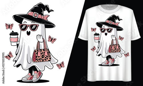 Ghost Witch with a Coffee Cup, Tote Bag, and Sneakers, T-Shirt Design.