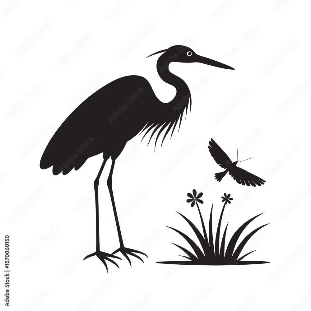 Fototapeta premium Heron With Dragonfly Near Beak Silhouette