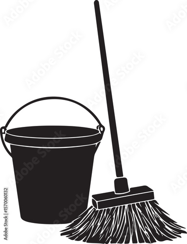 Mop and Bucket Silhouette Vector Illustration on Transparent Background
