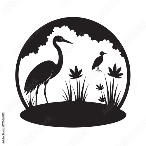 Heron Standing With Turtle Nearby Silhouette