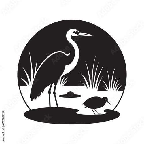 Peaceful Heron Beside Curious Turtle Silhouette