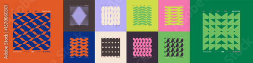 Kit of Postmodern geometric compositions with abstract shapes in brutalism aesthetics, mosaic of brutal figures, trendy color retro futuristic elements, vector modernist ornament, cards art 15