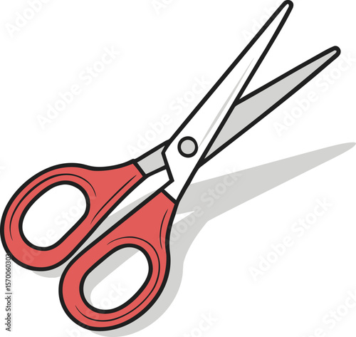 Red handled scissors with silver blades casting a shadow on a white background cutting