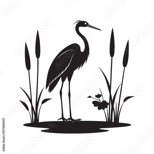 Wetland Scene With Heron And Cattails Silhouette